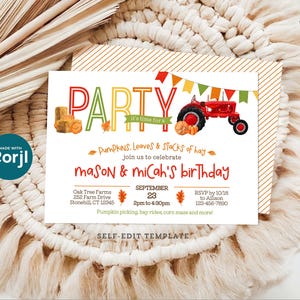 Tractor & Pumpkin Patch Birthday Invite - Fall Farm Party Invitation for 1 or 2 Kids - 5x7 Printed Cards or Edit Online, Instantly Download image 9