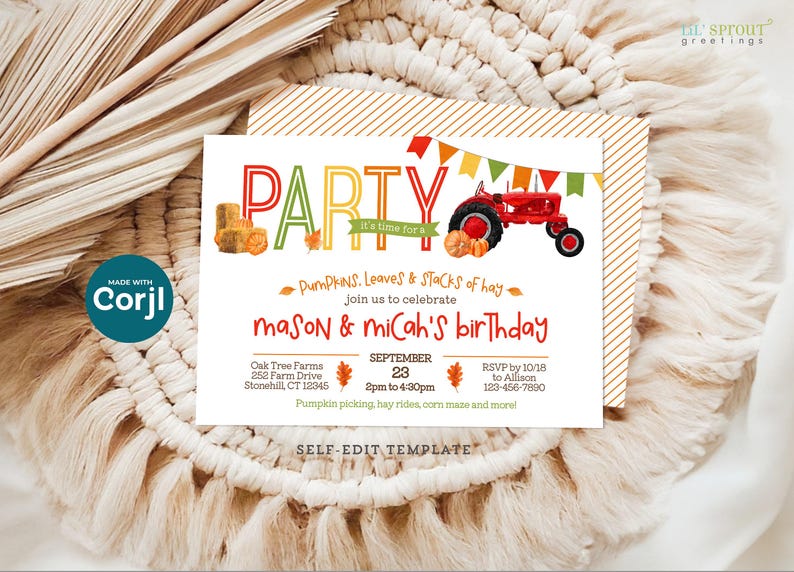 Tractor & Pumpkin Patch Birthday Invite - Fall Farm Party Invitation for 1 or 2 Kids - 5x7 Printed Cards or Edit Online, Instantly Download image 9