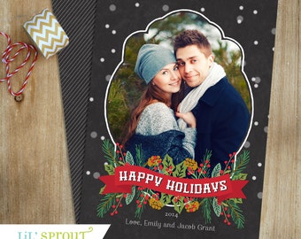 5x7 inch Printable Christmas Photo Card, Chalkboard & Evergreen Design, Single Photo Holiday Card, Digital Files PDF JPEG, Print Your Own