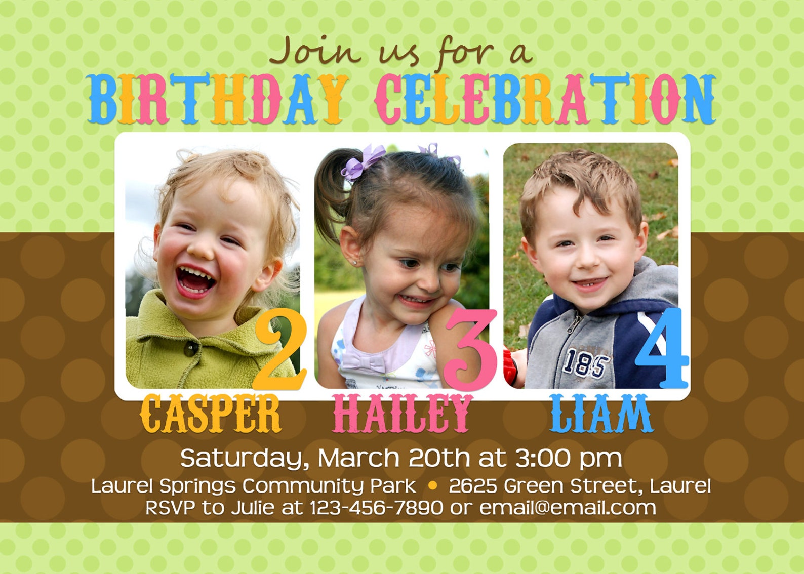 Triple Birthday Invitation Three 3 Child Birthday Party Etsy