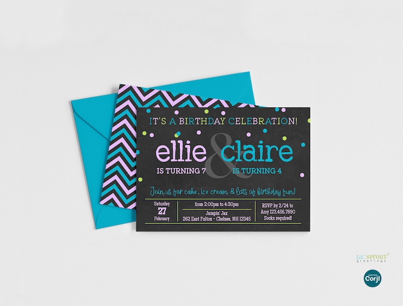 Combined birthday invitation template for 2 kids, black chalkboard background with teal, lilac text and chevron background.