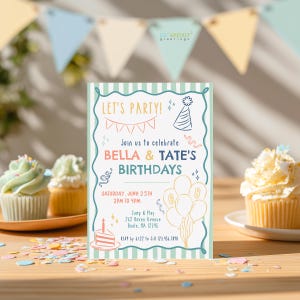 May include: A rectangular birthday invitation card with a light green striped border. The text reads: LET'S PARTY! join us to celebrate BELLA & TATE'S BIRTHDAYS, SATURDAY, JUNE 25TH 2PM TO 4PM, Jump & Play 262 Haven Avenue Beale, MA 12345, RSVP by 6/22 to Jill 123.456.7890.