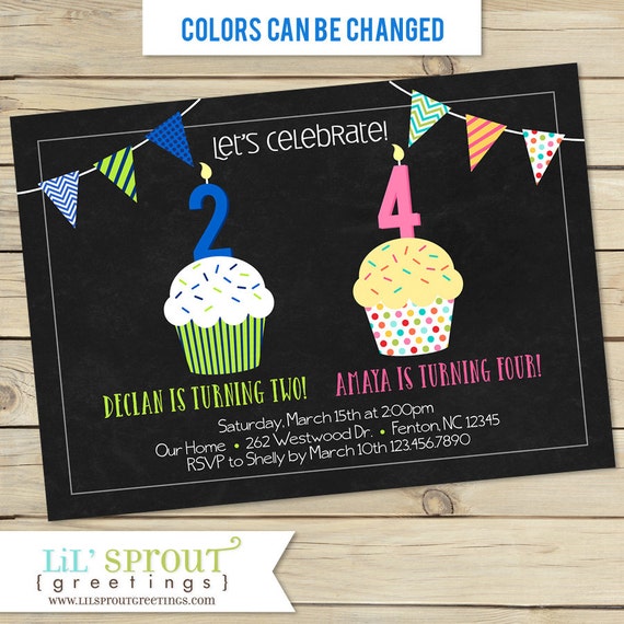 Sibling Double Birthday Party Invitation Cupcake and Chalkboard Two