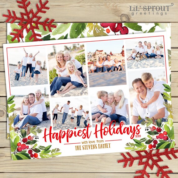 Holly Berries Multiple Photo Christmas Card - 5x7 inch Holiday Foliage Picture Card- Eight 8 Photo Collage Xmas Card- Printable JPG PDF Il_570xn