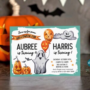 Invito doppio compleanno di Halloween modificabile - Modello di invito con giunto fantasma 5x7 da modificare online con Corjl, scarica file digitali
