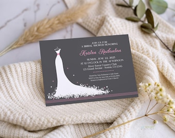 Plantilla de invitación para despedida de soltera con silueta de vestido moderno, invitación editable para brunch con vestido de novia de 5x7, color de acento personalizable, descarga instantánea