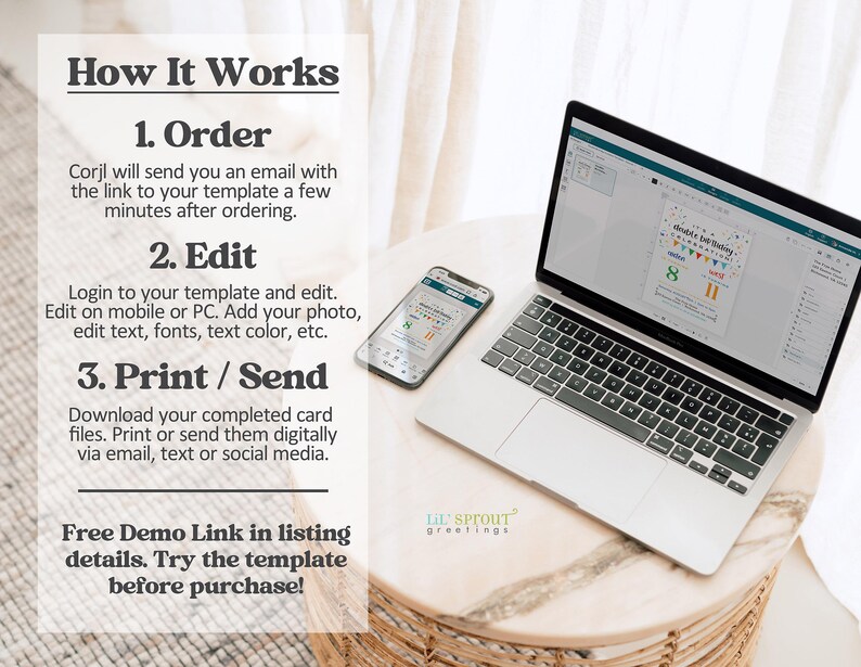 Puede incluir: Un port&aacute;til plateado y un tel&eacute;fono inteligente que muestran una plantilla de invitaci&oacute;n de cumplea&ntilde;os digital. El texto a la izquierda dice: How It Works, 1. Order, 2. Edit, 3. Print / Send, y Free Demo Link in listing details. Try the template before purchase!
