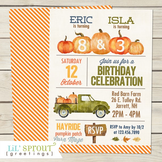 Rustic Fall Double Birthday Invitation - Printable Pumpkin Patch or Farm Triple Three Birthday Invite - Rustic Autumn Birthday Digital File Il_570xn