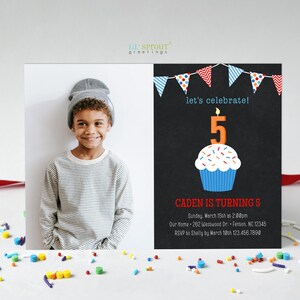DIY Boy Cupcake Birthday Invite with Photo, 5x7 Editable Kids Party Invitation Template, Edit Online, Download & Print or Send Digitally