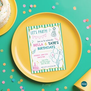May include: A rectangular birthday party invitation card with a green and white striped border. The text reads LET'S PARTY! join us to celebrate BELLA & TATE'S BIRTHDAYS, SATURDAY, JUNE 25TH 2PM TO 4PM, Jump & Play 262 Haven Avenue Beale, MA 12345, RSVP 6/22 to Jill 123.456.7890.