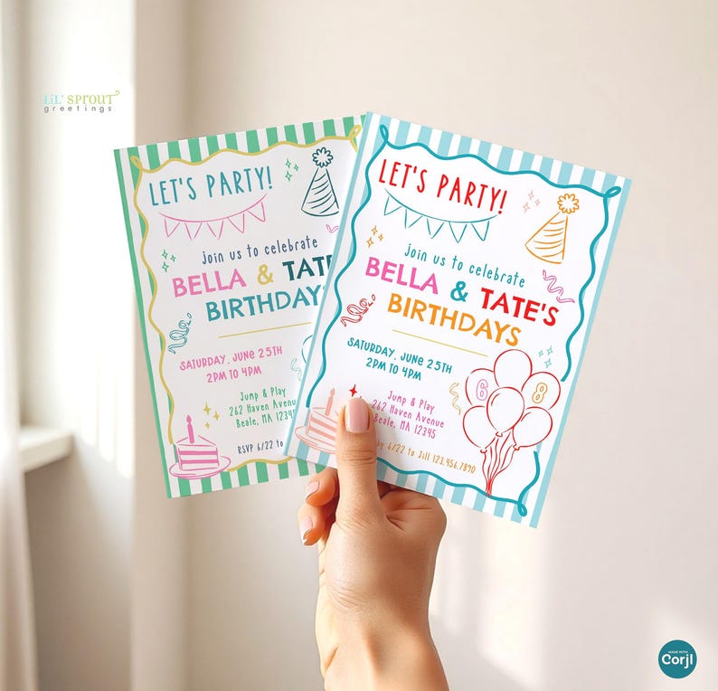 May include: Two rectangular birthday party invitations with light blue and white striped borders. The text reads LET'S PARTY! Join us to celebrate BELLA & TATE'S BIRTHDAYS, SATURDAY, JUNE 25TH 2PM TO 4PM, Jump & Play 262 Haven Avenue, RSVP 6/22.