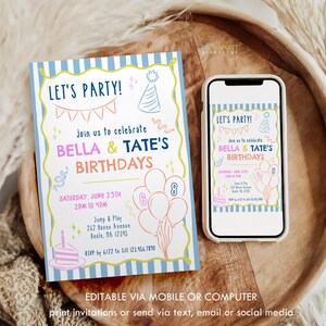 May include: A rectangular birthday invitation card and a smartphone displaying the same invitation design. The invitation features a blue and white striped border, a yellow wavy frame, and illustrations of balloons, a cake, and a party hat.