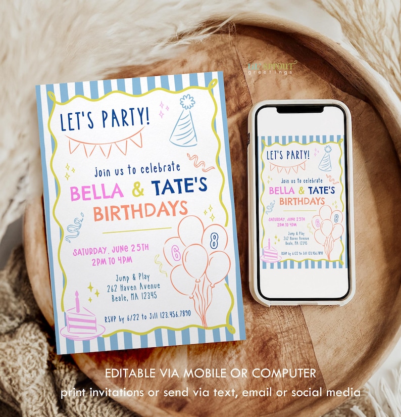 May include: A rectangular birthday invitation card and a smartphone displaying the same invitation design. The invitation features a blue and white striped border, a yellow wavy frame, and illustrations of balloons, a cake, and a party hat.
