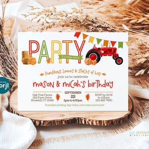 Convite duplo de aniversário com tema de abóboras de trator faça você mesmo, modelo editável de convite para festa de irmãos no outono, edite online com Corjl, download digital