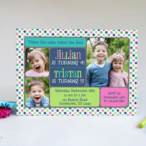 Joint Birthday Party Invitation Printable Digital File, Invite Design with Photos for Two Siblings Kids, Print Your Own Cards or Send E-vite Blue - Pink