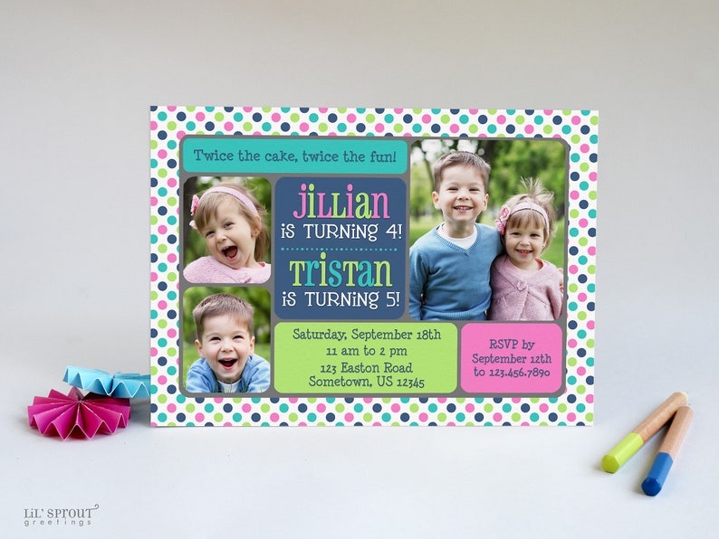 Joint Birthday Party Invitation Printable Digital File, Invite Design with Photos for Two Siblings Kids, Print Your Own Cards or Send E-vite Blue - Pink