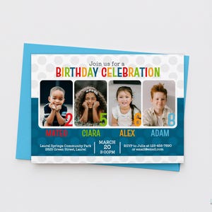 Plantilla de invitación de cumpleaños cuádruple para 4 niños, plantilla para fiesta grupal DIY, edita en línea en Corjl, descarga instantánea e imprime o envía por mensaje de texto o correo electrónico.