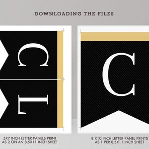 May include: Two printable banner templates featuring black swallowtail flags with white serif letters C and L. The designs include gold accents and text stating DOWNLOADING THE FILES, 5X7 INCH LETTER PANELS PRINT AS 2 ON AN 8.5X11 INCH SHEET, and 8 X10 INCH LETTER PANEL PRINTS AS 1 PER 8.5X11 INCH SHEET.