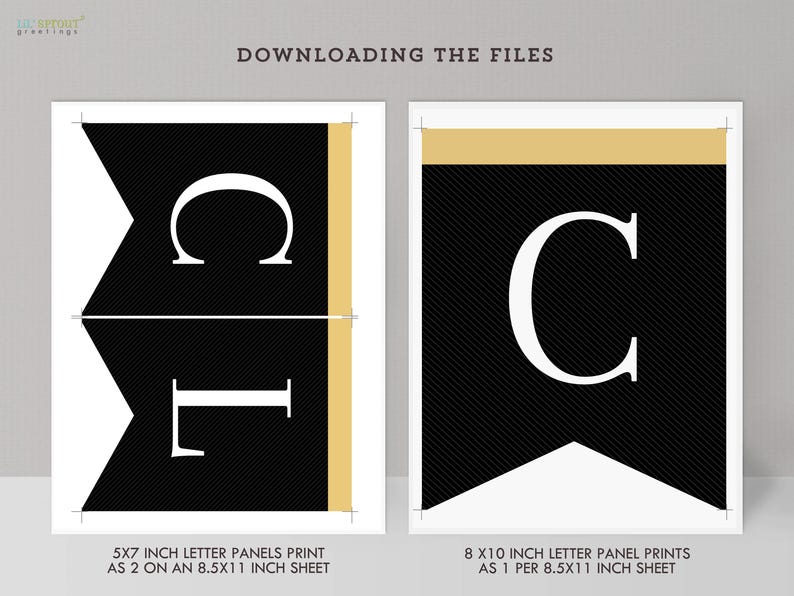 May include: Two printable banner templates featuring black swallowtail flags with white serif letters C and L. The designs include gold accents and text stating DOWNLOADING THE FILES, 5X7 INCH LETTER PANELS PRINT AS 2 ON AN 8.5X11 INCH SHEET, and 8 X10 INCH LETTER PANEL PRINTS AS 1 PER 8.5X11 INCH SHEET.