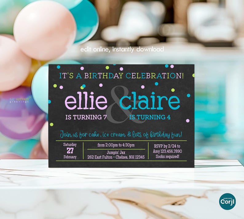 Combined birthday invite for 2 kids, horizontal format with chalkboard style background, lilac and teal text and confetti in fun fonts.