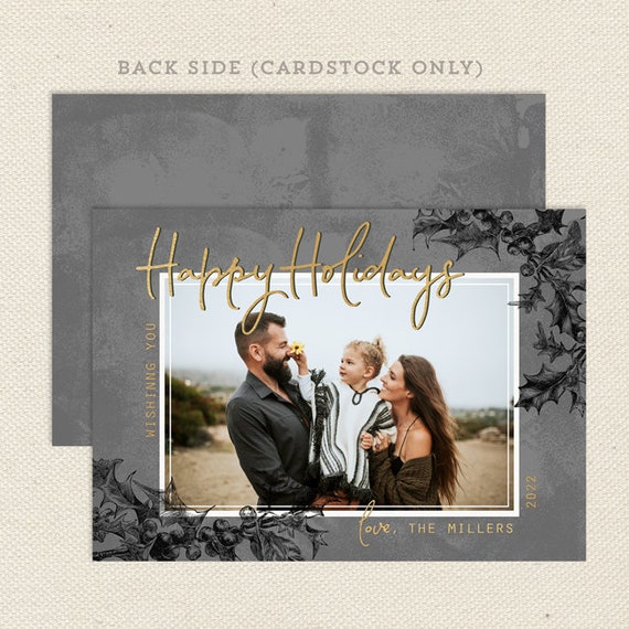 Modern Holly Christmas Photo Card - 5x7 inch Elegant Printable Holiday Digital File - PDF JPG Print Your Own - Gray Blue Green Download Il_570xn