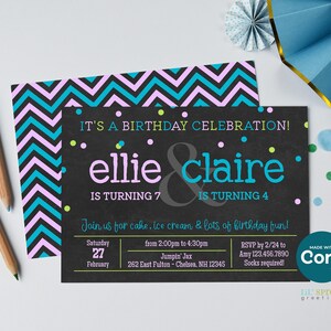 editable birthday invitation template for two kids, horizontal format with chalkboard background and teal and lilac text and confetti with chevron background