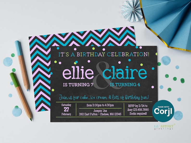 editable birthday invitation template for two kids, horizontal format with chalkboard background and teal and lilac text and confetti with chevron background