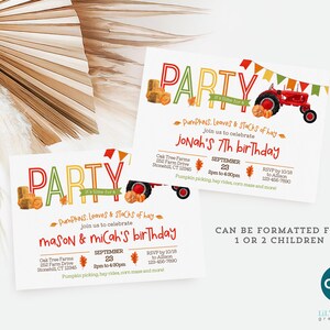 May include: Two white rectangular birthday party invitations featuring a red tractor, hay bales, pumpkins, and colorful bunting. The text reads PARTY, PUMPKINS, LEAVES & STACKS OF HAY, join us to celebrate, and details for Jonah's 7th or Mason & Micah's birthday.