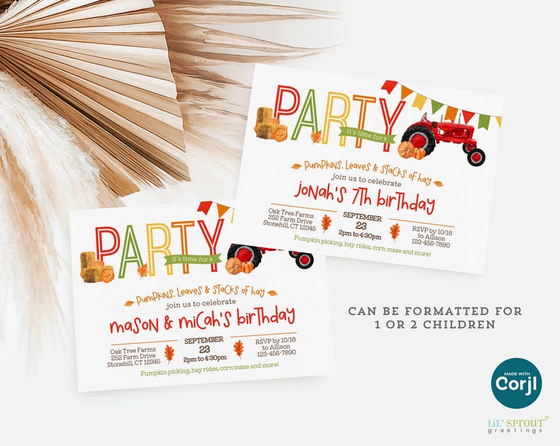 May include: Two white rectangular birthday party invitations featuring a red tractor, hay bales, pumpkins, and colorful bunting. The text reads PARTY, PUMPKINS, LEAVES & STACKS OF HAY, join us to celebrate, and details for Jonah's 7th or Mason & Micah's birthday.