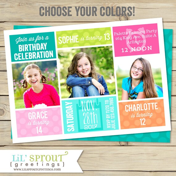 Sibling Triple Birthday Invitation Three Birthday Invite for Sisters
