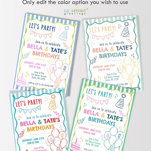 May include: Four rectangular birthday invitation templates with striped borders. Each features the text LET'S PARTY!, BELLA & TATE'S BIRTHDAYS, and event details. Illustrations include party hats, bunting, balloons with numbers, and a cake.