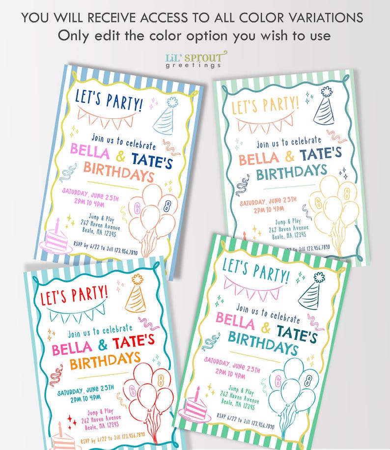 May include: Four rectangular birthday invitation templates with striped borders. Each features the text LET'S PARTY!, BELLA & TATE'S BIRTHDAYS, and event details. Illustrations include party hats, bunting, balloons with numbers, and a cake.