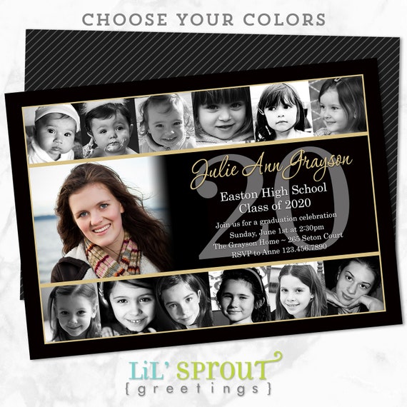 12 Photo High School Graduation Announcement - Senior Collage Invitation - Share Childhood Pictures - Printable File PDF JPEG - Black Gold Il_570xn