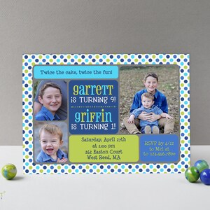 Joint Birthday Party Invitation Printable Digital File, Invite Design with Photos for Two Siblings Kids, Print Your Own Cards or Send E-vite Blue - Green