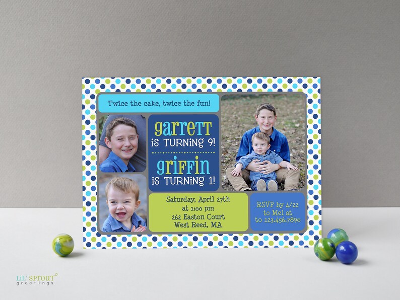 Joint Birthday Party Invitation Printable Digital File, Invite Design with Photos for Two Siblings Kids, Print Your Own Cards or Send E-vite Blue - Green