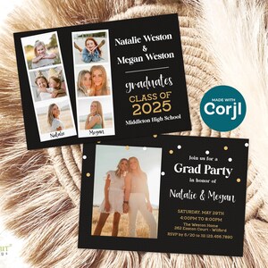 Anúncio de formatura conjunta em cabine de fotos, modelo de convite para festa de formatura dupla 5x7 para autoedição online com Corjl, download de arquivo digital