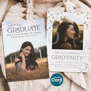 2025 Abschluss-Ankündigungsvorlage, High-School-Senior-Foto-Grad-Karte zum Online-Bearbeiten mit Corjl, Herunterladen & Drucken, Senden per Text oder E-Mail