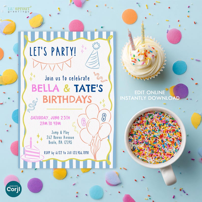 May include: A birthday invitation card with blue and white stripes, featuring the text LET'S PARTY, BELLA & TATE'S BIRTHDAYS, and party graphics like balloons, a cake, and a hat. Beside it sits a cupcake and a mug filled with colorful sprinkles.