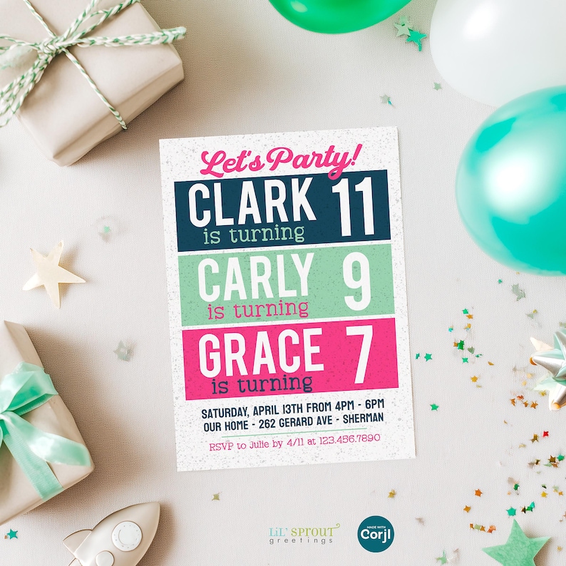 Birthday invitation template for 3 kids in a vertical format with a white background, three horizontal color boxes - one for each child with their name and age in navy blue, mint green and pink.