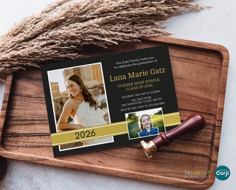 Simple graduation invite with a large senior photo and smaller childhood photo on a gold ribbon. Has a black background with white and gold text. Horizontal format.