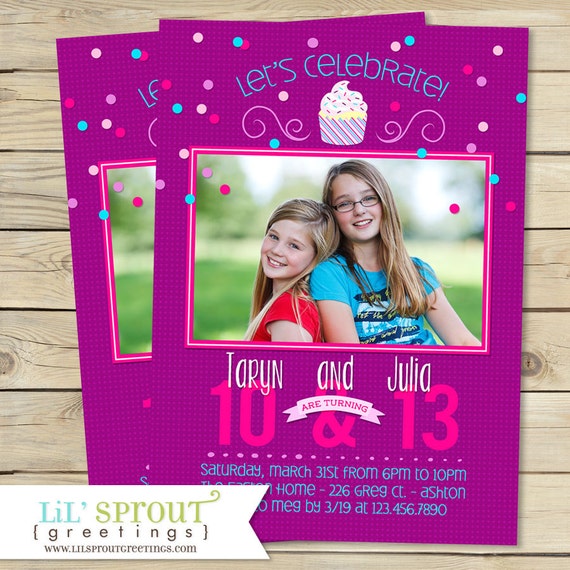 Twin Girl Birthday Invitation - Girl Joint Birthday Invitation - Sibling Birthday Invitation - Triplet 3 Birthday Invite - 1 or 2 Photos Il_570xn