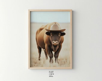 Rustiek stierenportret met cowboyhoed - kunst aan de muur westerse boerderij, speelse dierenprint, neutraal modern decor, digitale download