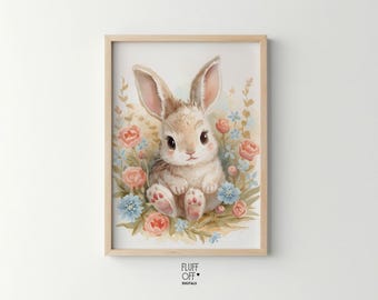 Bunny - Nursery Printable Art, Cute Vintage Pastel Bunny with Flowers, Digital Download Decor 133
