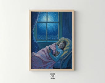 Cozy Nighttime Serenity Printable Art, Woman & Cat Sleep, Dreamy Moonlit Scene, Moody Bedroom Decor, Painterly Textured Digital Download 160