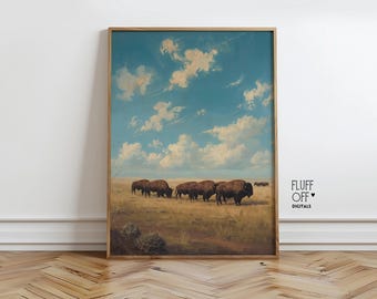 Rustic Bison Herd on Open Prairie - Moody Landscape Print, Farmhouse decor, Western Wall Art, Downloadable Wall Art Decor 87