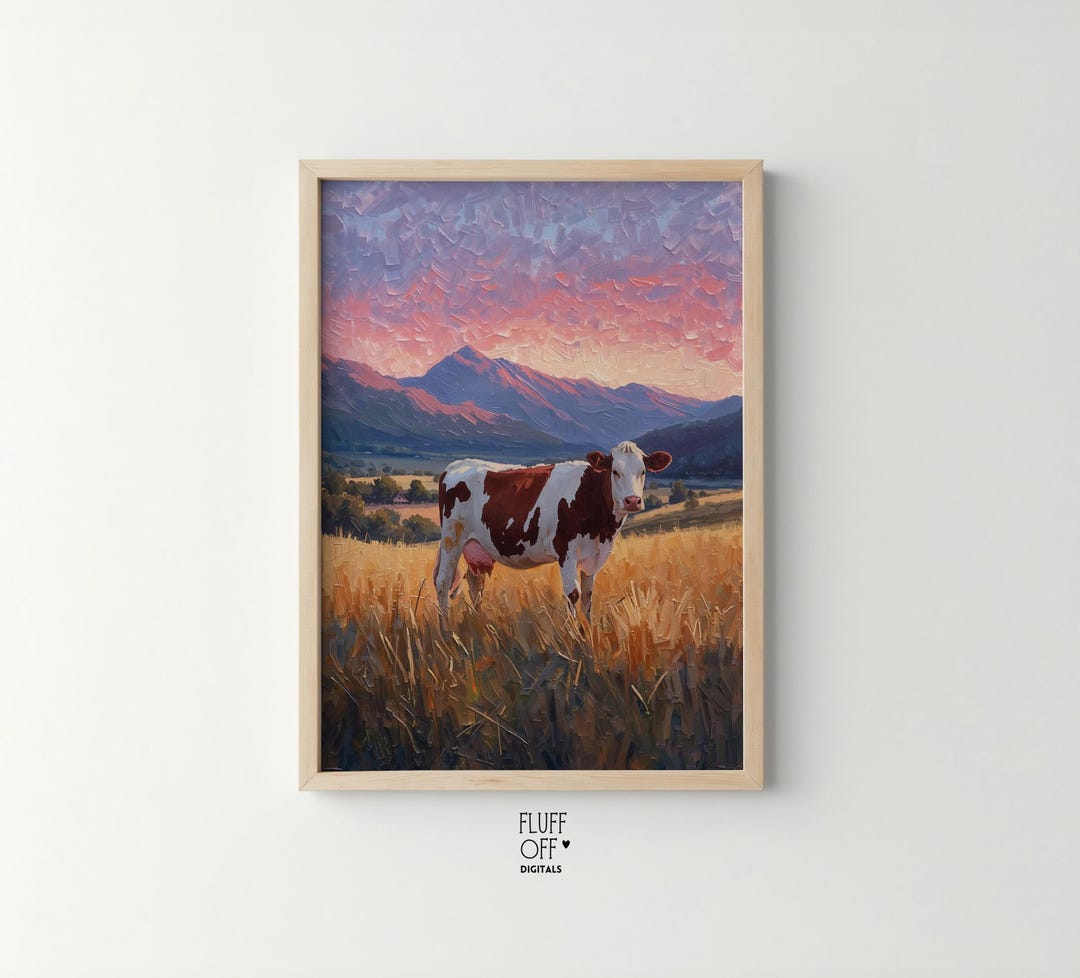 Rustic Fall Background Cow Rustic Cow in Sunset Field - Printable Pastoral Landscape Art, Moody ...