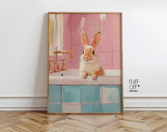 Cute Rabbit in Bathtub Printable Wall Art - Pastel Nursery Decor, Cozy Bathroom Art, Playful Rabbit Painting, Instant Download 86
