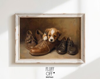 Cute Sleepy Puppy in Old Leather Shoe - Vintage Cozy Wall Art, Rustic Cottage Decor, Printable Dog Painting, Digital Download 93