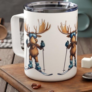 First Ski Season 10oz Stainless Steel Insulated Coffee Mug With Lid For Cozy Holiday Season Gift For Moose Lover Funny Winter Skiing Mug