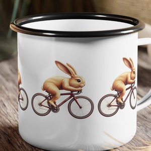 Kaninchen auf Fahrrad Emaille Camp Tasse: Lustiges Tier Thema Geschenk